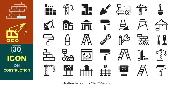 Vector construction icon element set. Containing crane, hammer, building, manufacturing, paint brush, ladder, brick, home interior, engineering tools and more