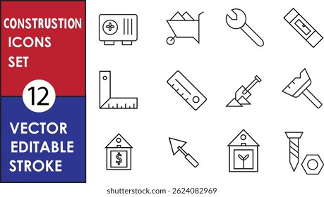 Vector construction icon set with 12 editable stroke icons: safe, wheelbarrow, wrench, level tool, square, ruler, shovel, trowel, blueprint, house, bolt, nut.