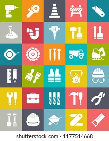 vector CONSTRUCTION ICONS SET with Traffic warning, road sign, safety construction symbol, cone, Working tool, carpentry, repair work, electric hammer, drill, wheelbarrow, safety jacket, water pipe