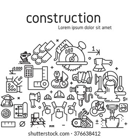 Vector construction illustration with icons and signs in linear style equipment build tool on white background poster or banner template