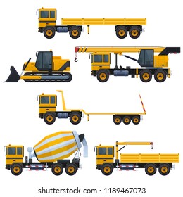 Vector construction machinery, set of auto truck crane tractor bulldozer.