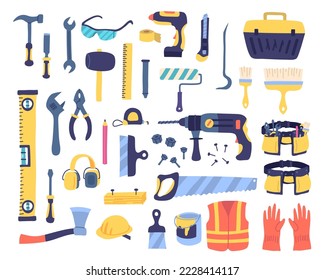 Vector construction repair tools set. House remodeling and fixing equipment. Water balance, axe, hammer, tool belt, drill, screws flat style illustration isolated on white background