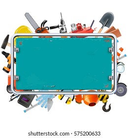 Vector Construction Rusty Frame with Tools