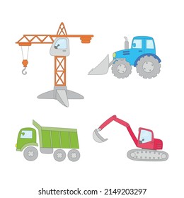 vector construction set. bulldozer and machinery. truckload and crane