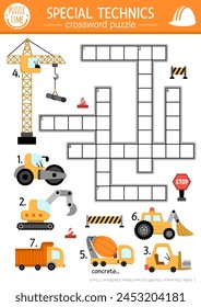 Vector construction site crossword puzzle for kid. Simple quiz with car, truck, excavator, bulldozer, lifting crane, forklift for children. Cute educational cross word activity with industrial vehicle