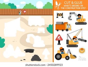 Vector construction site cut and glue activity. Crafting game with cute building works landscape. Fun printable worksheet for children. Find the right piece of the puzzle. Complete the picture
