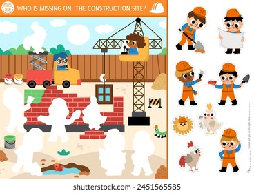 Vector construction site cut and glue activity. Crafting game with cute workers building house. Fun printable worksheet for children. Find the right piece of the puzzle. Complete the picture
