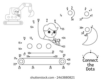 Vector construction site dot-to-dot and color activity with excavator. Building works line connect the dots game for children. Printable worksheet or coloring page with industrial vehicle
