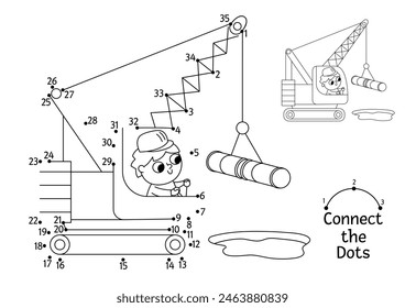 Vector de construcción punto a punto y actividad de color con grúa sobre orugas. Línea de obras de construcción que conecta el juego de puntos para los niños. Hoja de trabajo o página para colorear imprimible con vehículo industrial
