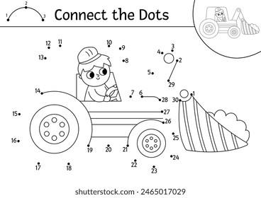 Vector construction site dot-to-dot and color activity with bulldozer, tractor. Building works line connect the dots game for children. Printable worksheet or coloring page with industrial vehicle
