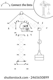 Vector sitio de construcción punto a punto, color y trazo de la actividad con grúa de elevación. Línea de obras de construcción que conecta el juego de puntos para los niños. Hoja de trabajo imprimible, página para colorear con vehículo industrial