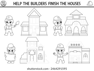 Vector construction site drawing practice worksheet. Printable black and white activity for kids. Repair works coloring page. Help the workers finish the houses. Trace the buildings
