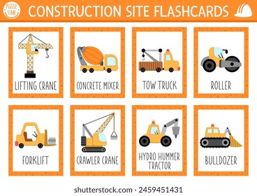 Vector construction site flash cards set with crane, bulldozer, concrete mixer. English language game with industrial transport for kids. Vehicles flashcards. Simple educational printable worksheet
