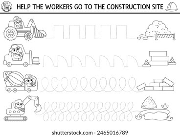 Vector construction site handwriting practice worksheet. Repair works printable black and white activity for kids. Tracing game for writing skills. Coloring page with workers on industrial vehicles
