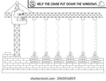 Vector construction site handwriting practice worksheet. Repair works printable black and white activity for kids. Tracing game for writing skills. Coloring page with lifting crane putting down window