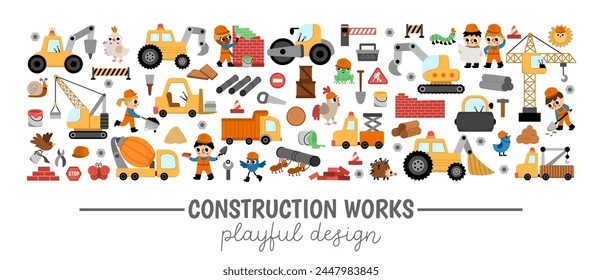 Vektorgrafik Baustelle Horizontale Grenze gesetzt mit Kinderbauern, Transport, Traktor, Kran, Tiere. Bauarbeiten Karten Vorlage Design für Banner, Einladungen. Nette Reparaturservice-Illustration
