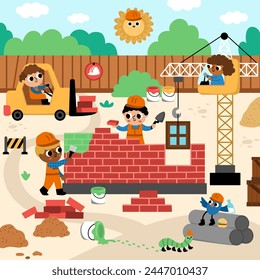 Vector construction site landscape illustration. Scene with kid workers building a brick house. Square background with funny builders, painters, animals and bird, lifting crane, vehicles
