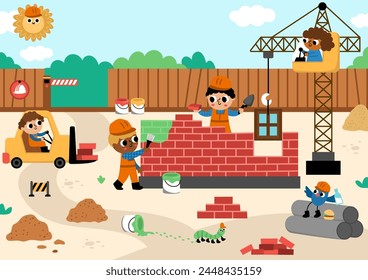 Ilustración del paisaje del sitio de construcción del Vector. Escena con niños trabajadores en la construcción de una casa de ladrillo. Fondo Horizontal con constructores divertidos, pintores, animales y pájaros, grúa de elevación, vehículos
