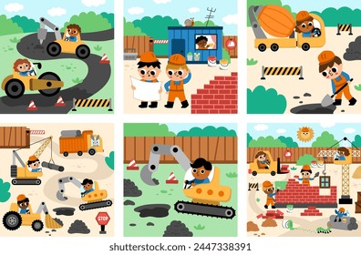 Vector construction site landscape illustrations set. Scenes collection with kid workers, vehicles, road works, building a brick house. Square backgrounds with funny builders, painters, animals
