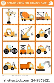 Vector construction site memory game cards with cute special technics. Building works matching activity. Remember and find correct card. Simple printable worksheet with repair vehicles
