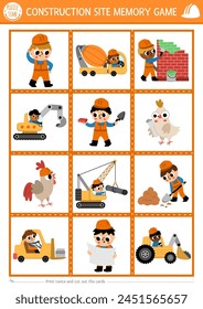 Vector construction site memory game cards with cute repair service workers. Building works matching activity. Remember and find correct card. Simple printable worksheet with builders
