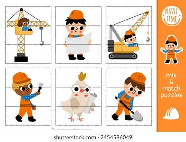 Vector sitio de construcción mezclar y combinar rompecabezas con trabajadores lindos. Actividad de trabajos de construcción coincidentes para niños preescolares. Juego educativo imprimible con vehículos industriales y constructores en sombreros duros
