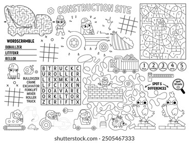 Vector construction site placemat for kids. Building works printable activity mat with maze, tic tac toe charts, connect dots, find difference. Repair service black and white play mat, coloring page