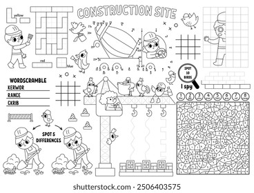 Mantel individual de construcción de Vector para niños. La construcción trabaja la estera imprimible de la actividad con el laberinto, las tablas del dedo del pie del tic tac, conectan los puntos, encuentran la diferencia. Servicio de reparación de alfombra de juego en blanco y negro, página para colorear