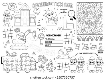 Vector construction site placemat for kids. Building works printable activity mat with maze, tic tac toe charts, connect dots, find difference. Repair service black and white play mat, coloring page