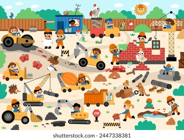 Vector construction site and road work landscape illustration. Building scene with funny kid builders, transport, bulldozer, tractor, truck, crawler crane, animals. Cute repair service background
