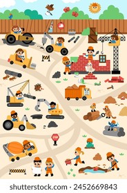 Vector construction site and road work vertical landscape illustration. Building scene with funny kid builders, transport, bulldozer, tractor, truck, crawler crane. Cute repair service map background
