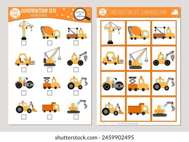 Conjunto de tarjetas de caza del carroñero del sitio de construcción del Vector. Busca y encuentra juegos con coches lindos, camiones para niños. Actividad especial de búsqueda de transporte. Hoja de trabajo educativa imprimible simple con vehículos
