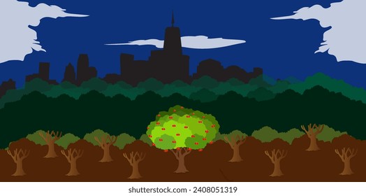 Vector construction site that destroys part of the forest where wildlife lives during the dark night.