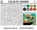 Vector construction site themed color by number activity with trucks repairing road. Black and white counting game with industrial landscape, pavement roller. Coloring page for kids with vehicle
