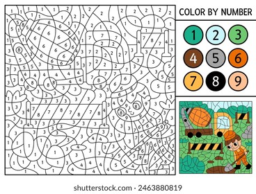 Vector sitio de construcción tematizado color por número de actividad con hormigón mezclador y excavación del agujero del obrero. Juego de conteo en blanco y negro con paisaje industrial. Dibujo para colorear para niños con vehículo
