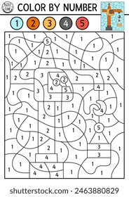 Vector sitio de construcción tematizado color por número de actividad con grúa de elevación. Juego de conteo en blanco y negro con paisaje industrial y técnicas especiales. Dibujo para colorear para niños con vehículo
