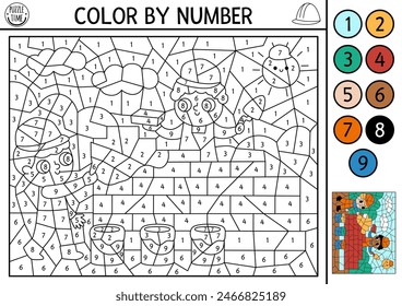 Vector construction site themed color by number activity with workers building brick wall. Black and white counting game with industrial landscape. Coloring page for kids with builders
