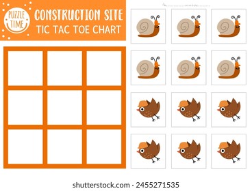 Vector construction site tic tac toe chart with snail and bird workers in hard hats. Building works board game playing field with cute characters. Funny printable worksheet. Noughts and crosses grid 
