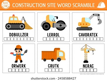 Vektorgrafik Baustelle Word Scramble Aktivität Seite. Englische Sprache Spielkarten mit Autos, Trucks für Kinder. Spezielles Transport-Familien-Quiz mit Industriefahrzeugen. Druckbares Informationsblatt
