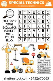 Vector construction site wordsearch puzzle for kids. Simple word search quiz with car, truck, excavator, bulldozer, crane for children. Cute educational cross word activity with industrial vehicle