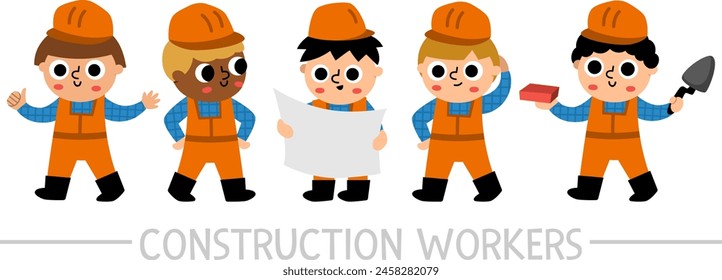 Vector construction site workers set. Road work, building contractors icons. Cute repair service engineers in uniform, hard hats. Builders illustration for kids
