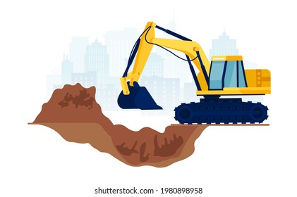 Vector of a construction site with yellow excavator moving with raised shovel digging soil 