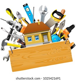 Vector Construction Tools with House isolated on white background