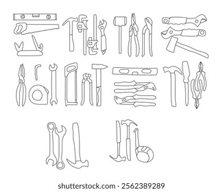 A vector construction tools vector includes items like hammers, drills, saws, tape measures, wrenches, screwdrivers, pliers, levels, cranes, and bulldozers, all depicted in a detailed style