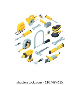 Vector construction tools isometric icons in circle shape illustration isolated in white