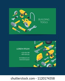 Vector construction tools isometric icons business card template for hardware store illustration