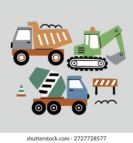 Vector construction truck clipart on isolated background. Hand drawn dumper and excavator illustration.