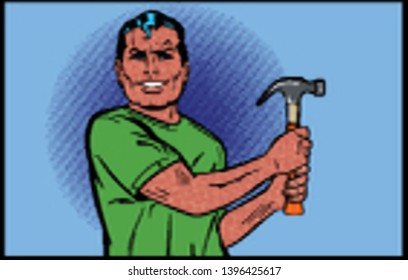 Vector - Construction worker with the repair tool hammer. Retro Comic Book style cartoon, pop art colored drawing, vintage illustration 