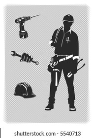 vector construction worker with tools and hardhat