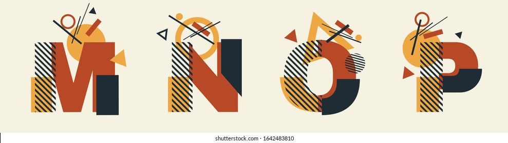 Vector Constructivism Abstract Alphabet Set - letters M, N, O, P with geometric composition. For wedding invitations, decoration, flyers, banners, magazines, posters. Unique conceptual Avant garde.